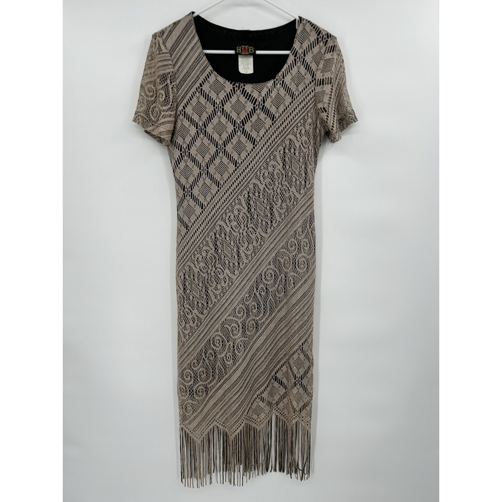Vintage 90s Helene Blake Crochet Fringe Dress Sz 8P‎  Boho Neutral Festival